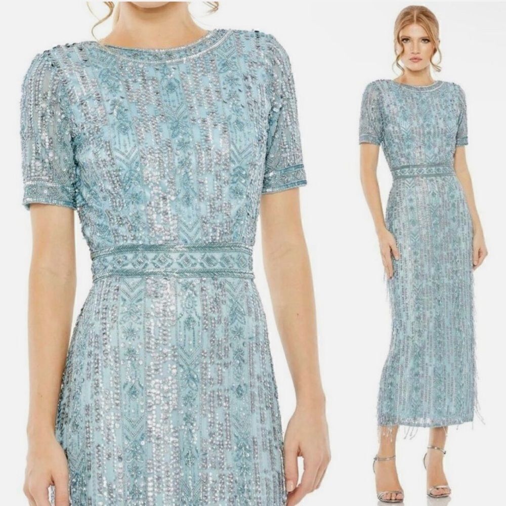 NWT Mac Duggal 5980 Size 6 High Neck Crystal Fringe French Blue Beaded - Picture 4 of 9